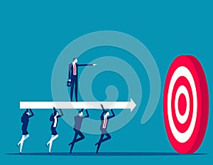 Business team carry huge arrow with leader standing on it running to huge target. Business goals achievement vector concept