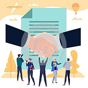 Business team celebrating signing a contract. Vector Illustration