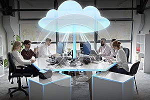 Business team with cloud computing hologram photo