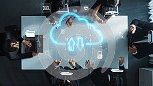 Business Team Collaborating with Cloud Technology and Virtual Reality Interface for Data Management and Analysis in