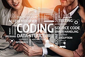 Business team collaborating on coding, data structure, programming concepts, and software development process at a