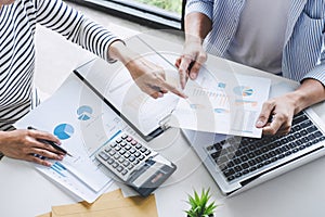 Business team collaboration discussing working analysis with financial data and marketing growth report graph in team, Meeting