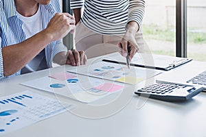 Business team collaboration discussing working analysis with financial data and marketing growth report graph in team, Meeting