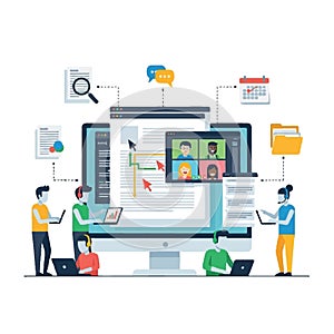 Business Team Collaboration and Remote Work on Digital Platform with Video Conference and Data Analysis Flat style 2D illustration