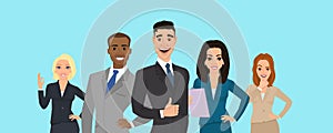 Business team. A group of people dressed in strict suit. Vector illustration in a flat style. People different nationalities