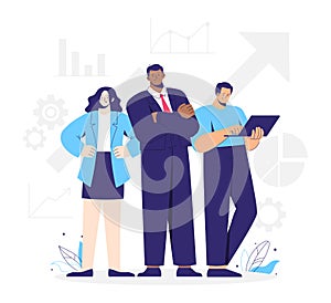 Business team, group of working people. Leader, businesswoman and man with laptop. Business graphics and icons.