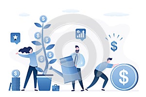 Business team grows profit money tree. Investor watering plant in pot. Venture fund, investment process. Corporate teamwork