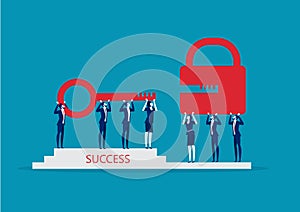 Business team hold gold key to unlock lock. Success solution. Collective achievement. on blue background Vector illustration flat
