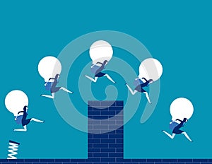Business team holding bulb and jump over the wall. Concept business vector illustration