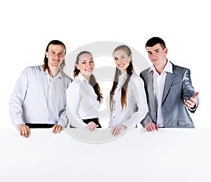 Business team holding a large blank