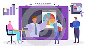 Business team internet video conference, vector illustration. Company analysis teamwork in computer, flat corporate