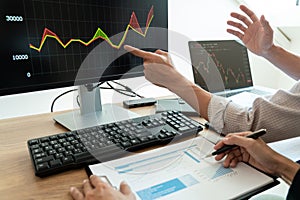 Business team investment Entrepreneur Trading discussing and analysis graph stock market in traders office. Business financial