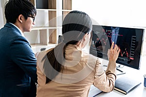 Business team investment working with computer, planning and analyzing graph stock market trading with stock chart data, business