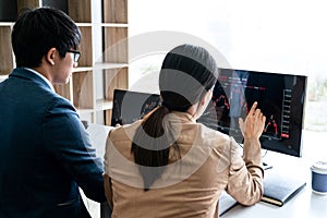 Business team investment working with computer, planning and analyzing graph stock market trading with stock chart data, business