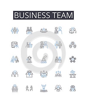 Business team line icons collection. Management group, Office staff, Corporate squad, Marketing team, Sales force