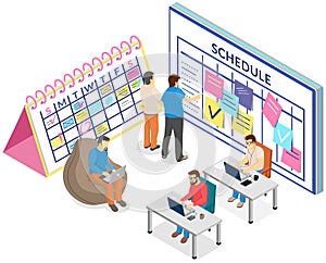 Business team makes office timetable of meetings and event. People analyze plan, schedule