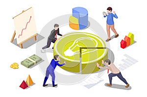 Business team making light bulb pie chart together, vector isometric illustration. Team work, cooperation, partnership.