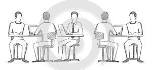Business team. Men sit at a laptop. Front and back view. Office people sketch. Process of working at the table. Hatched