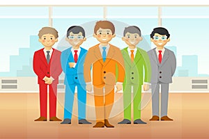 Business team in office, cheeky cartoon men in suits. Vector