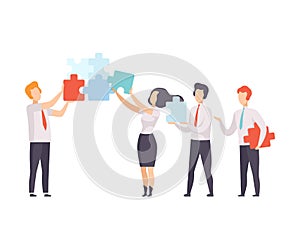 Business Team, Office Colleagues Connecting Puzzle Elements, People Working Together in Company, Teamwork, Cooperation