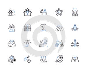 Business team outline icons collection. Business, Team, Collaboration, Cooperation, Organization, Partnership, Strategy