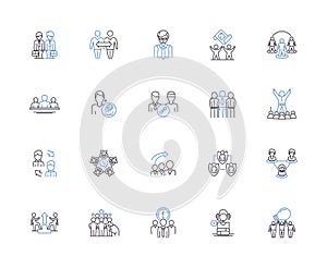 Business team outline icons collection. Business, Team, Collaboration, Cooperation, Organization, Partnership, Strategy