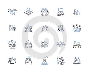 Business team outline icons collection. Business, Team, Collaboration, Cooperation, Organization, Partnership, Strategy