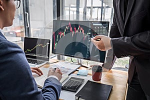 Business team partner working with computer, laptop, discussion and analyzing graph stock market trading with stock chart data