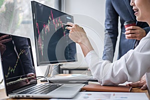 Business team partner working with computer, laptop, discussion and analyzing graph stock market trading with stock chart data