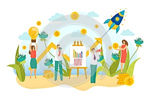 Business team people concept, creative success teamwork vector illustration.. Businessman woman character work with idea