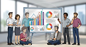 Business Team Presenting Data Analysis on Whiteboard in Office