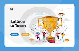 Business Team Project Success Landing Page Template. People Characters Stand at Huge Golden Goblet Celebrate Victory