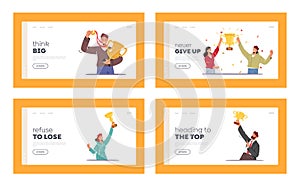 Business Team Project Success Landing Page Template Set. Characters Holding Golden Cups Celebrate Victory, Winners Prize