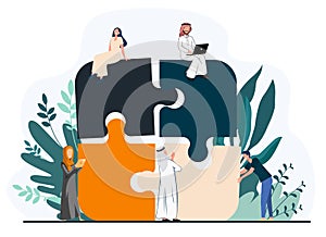 Business team putting together jigsaw puzzle isolated flat vector illustration. Cartoon partners working in connection. Teamwork,