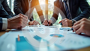 Business team reviews financial reports. People analyze graphs, charts. Discuss market statistics, investments, performance photo