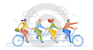 Business Team Riding Tandem Bicycle. Business Men and Women on Bike, Concept of Teamwork Cooperation, Leadership