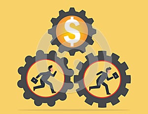 Business team run inside the gears and cause the mechanism to work. Business concept team and the system