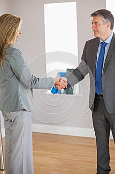 Business team shaking hands and smiling