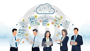 Business team sharing documents and data through cloud technology cloud computing data sharing