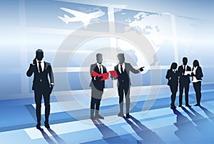 Business Team Silhouette In Airport Businesspeople Group Over World Map Trip Flight Concept