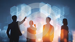 Business Team Silhouette Analyzing Data Visualizations with Technology Background