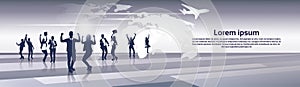 Business Team Silhouette Businesspeople Group Cheerful Happy Raised Hands over World Map Trip Flight Concept