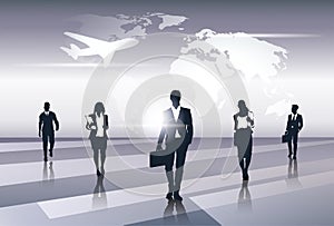 Business Team Silhouette Businesspeople Group Human Resources over World Map Trip Flight Concept