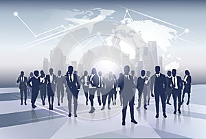 Business Team Silhouette Businesspeople Group Human Resources over World Map Trip Flight Concept