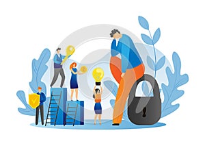 Business team solve problem concept, vector illustration. Man woman character help leader, teamwork with idea and