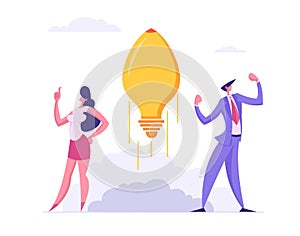 Business Team Spirit Success Start Up Concept. Business People Characters and Idea Lightbulb, Showing Creativity