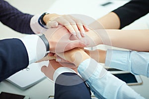 Business team stack of hands close up. Support concept.