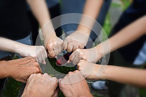 Business team standing hands together people joining for cooperation success business. Teamwork concept