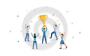 Business team success with man holding golden trophy cup and people jumping around in flat icon design on white color background