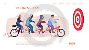 Business team on tandem bike cooperation start now button